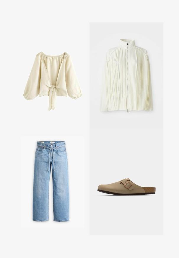 Biela plisovaná bunda s vysokým golierom, predným zipsom a elastickým lemom. Vyrobená z ľahkej, lesklej tkaniny.; Svetlo béžová blúzka z ľahkého materiálu, s hlbokým výstrihom do V, nap puff rukávmi a viazaním na prednej strane. Hladká textúra.; Svetlomodré riflové nohavice so širokými nohavicami a vysokým pásom, s gombíkom a zipsovým zapínaním a šnúrkou na páse. Úprava s prirodzeným okrajom.; Bežové dreváky s okrúhlou špičkou, nastaviteľnou sponou a korkovou stielkou. Textúrovaný povrch s čiernou gumovou podrážkou na lepšiu priľnavosť.