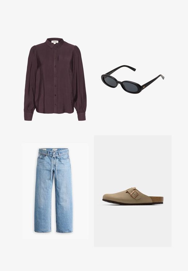 Biała plisowana kurtka z wysokim kołnierzem, zamkiem z przodu i elastycznym dołem. Wykonana z lekkiego, błyszczącego materiału.; Bluzka w kolorze śliwkowym z błyszczącej, lekkiej tkaniny. Posiada zapinany przód na guziki, długie rękawy z marszczonymi mankietami oraz klasyczny kołnierzyk.; Jasnoniebieskie dżinsy w szerokim kroju z wysokim stanem, z zapięciem na guziki i zamek oraz sznurkiem w talii. Zakończenie w surowym wykończeniu.; Beżowe klapki z zaokrąglonym noskiem, regulowanym zapięciem i korkową wkładką. Teksturowana powierzchnia z czarną gumową podeszwą dla lepszej przyczepności.; Czarne, oversize okulary przeciwsłoneczne z owalnymi soczewkami, gładkim plastikowym mostkiem i złotymi akcentami na zausznikach. Ciemne soczewki zapewniają ochronę przed słońcem.