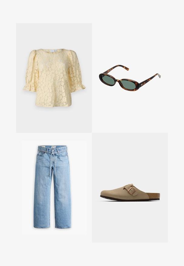 Giacca bianca plissè con colletto alto, chiusura anteriore con zip e orlo elastico. Realizzata in un tessuto leggero e lucido.; Top in pizzo di un morbido giallo, con maniche corte a sbuffo, scollatura tonda e motivi floreali su tutto il tessuto.; Jeans in denim azzurro chiaro a gamba larga con vita alta, chiusura con bottone e zip, e dettaglio con cordoncino in vita. Orlo grezzo.; Zoccoli beige con punta arrotondata, accentati da una fibbia regolabile e con tappetino in sughero. Superficie texturizzata con suola in gomma nera per una migliore aderenza.; Occhiali da sole tartarugati con montatura ovale e lenti verdi. Presentano aste sottili con un accento metallico vicino alle cerniere.