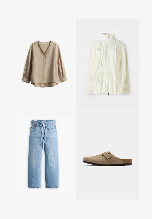 Witte geplooide jas met een hoge kraag, rits sluiting aan de voorkant en een elastische zoom. Gemaakt van een lichte, glanzende stof.; Beige blouse van textiel met een V-hals, knoopsluiting en geplooide mouwen. Heeft een losse pasvorm en een gebogen zoom.; Lichtblauwe denim wijde broek met een hoge taille, knoop- en ritssluiting, en een trekkoorddetail in de taille. Afgeronde zoomafwerking.; Beige klompen met een afgeronde neus, verstelbare gespaccent, en kurk voetbed. Gestructureerd oppervlak met een zwarte rubberen zool voor grip.