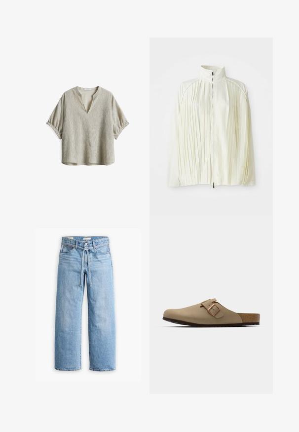 Weißer, plissierter Blazer mit hohem Kragen, Reißverschluss vorne und elastischem Saum. Hergestellt aus einem leichten, glänzenden Stoff.; Helle beige kurzärmlige Bluse mit tiefem V-Ausschnitt. Strukturierter Stoff mit dezenten vertikalen Streifen und gerafften Ärmelakzenten.; Hellblaue Jeans im weiten Schnitt mit hoher Taille, Knopf- und Reißverschluss sowie einer Kordelzugdetails an der Taille. Roh geschnittener Saum.; Beige Clogs mit einer abgerundeten Zehenpartie, verstellbarem Schnallenakzent und Korkfußbett. Strukturierte Oberfläche mit einer schwarzen Gummisohle für besseren Halt.