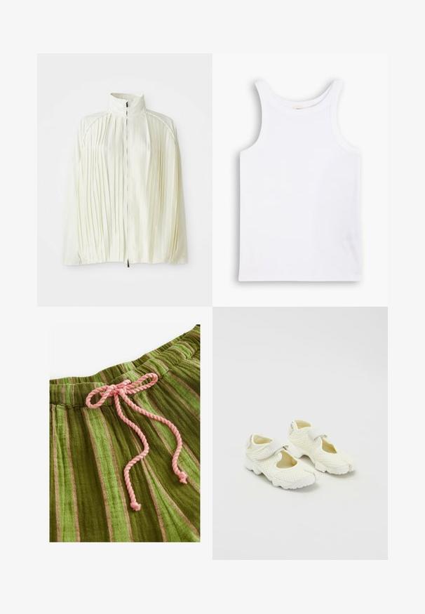 Giacca bianca plissè con colletto alto, chiusura anteriore con zip e orlo elastico. Realizzata in un tessuto leggero e lucido.; Canotta bianca in cotone con spalline larghe, scollatura rotonda e una texture liscia e a coste. Nessun motivo o dettaglio presente.; Tessuto a strisce verdi con una consistenza morbida e cordoncino rosa. Presenta strisce verticali di tonalità variabili e una vita arricciata.; Scarpe bianche in rete con un design strutturato, dotate di una fascia in Velcro e lati traforati, tessuto testurizzato e una suola spessa.