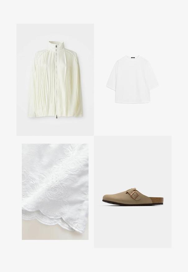 Veste blanche plissée avec un col montant, fermeture à zip sur le devant et ourlet élastique. Fabriquée à partir d'un tissu léger et brillant.; T-shirt blanc oversize en coton doux. Il possède des manches courtes, un col rond et une coupe décontractée sans motifs ni accents visibles.; Tissu blanc avec broderies florales, présentant des bords festonnés. La texture est lisse avec un léger éclat. Détails complexes sur le design.; Sabots beiges avec un bout arrondi, accent en boucle ajustable et semelle en liège. Surface texturée avec une semelle en caoutchouc noir pour une meilleure adhérence.