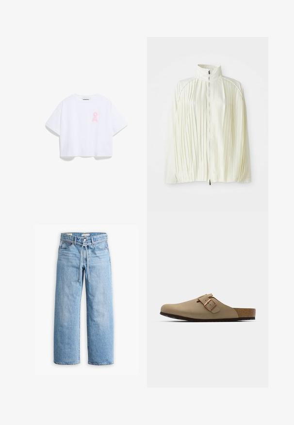 Weißer, plissierter Blazer mit hohem Kragen, Reißverschluss vorne und elastischem Saum. Hergestellt aus einem leichten, glänzenden Stoff.; Weißes, kürzer geschnittenes T-Shirt aus weichem Baumwollstoff, mit einem rosa Schleifen-Logo auf der linken Brust. Lockerer Schnitt mit kurzen Ärmeln und Rundhalsausschnitt.; Hellblaue Jeans im weiten Schnitt mit hoher Taille, Knopf- und Reißverschluss sowie einer Kordelzugdetails an der Taille. Roh geschnittener Saum.; Beige Clogs mit einer abgerundeten Zehenpartie, verstellbarem Schnallenakzent und Korkfußbett. Strukturierte Oberfläche mit einer schwarzen Gummisohle für besseren Halt.