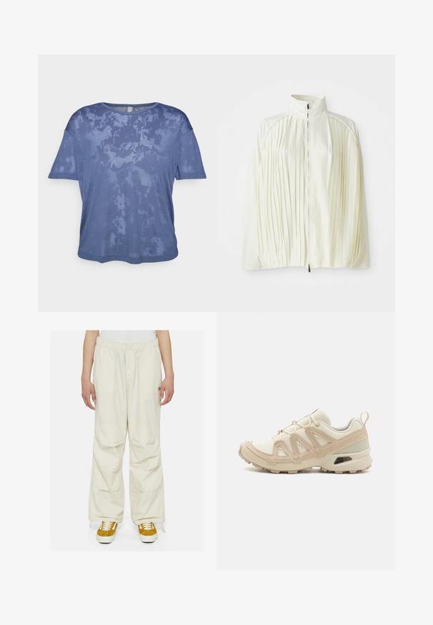 Casaco branco plissado com colarinho alto, fecho frontal de zip e bainha elástica. Feito de um tecido leve e brilhante.; T-shirt azul de manga curta em um material macio e leve, apresentando um padrão sutil em mármore e um decote arredondado.; Calças cargo de cor creme com ajuste solto, cintura elástica e múltiplos bolsos. Usadas com ténis castanhos e brancos sobre um fundo branco.; Sapatilha atlética beige e creme com parte superior em malha texturizada, sobreposições de suporte e sola de borracha com um padrão de cravo para tração.