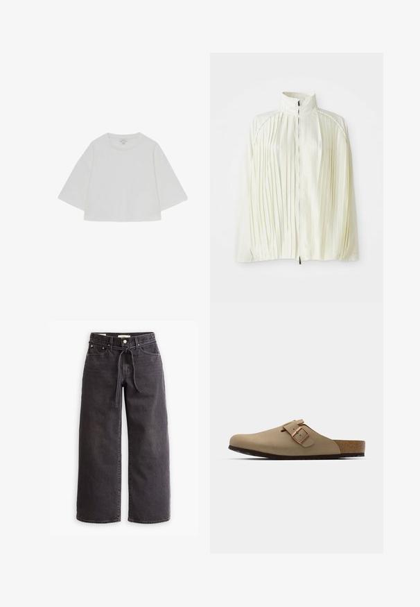 Baltos klostuotos striukės su aukštu apykakle, užtrauktuko priekyje ir elastingu apačioje. Pagaminta iš lengvo, blizgaus audinio.; Balta, trumpa medvilninė marškinėlių maikė. Turi plačias trumpas rankoves ir apvalų iškirpimą. Lygi tekstūra, be raštų ar puošmenų.; Juodos plačios kojos džinsai, pagaminti iš džinsinio audinio, su virvute liemens vietoje, penkiais kišenėmis ir kontrastingais siūlų akcentais. Lygus priekis.; Bežinės klumpės su apvaliu pirštu, reguliuojamu sagties akcentu ir kamštiniu padu. Tekstūruotas paviršius su juodu guminio pado sluoksniu, užtikrinančiu sukibimą.