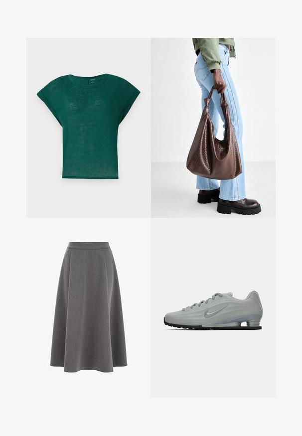 Vit plisserad jacka med hög krage, dragkedja framtill och elastisk nederkant. Tillverkad av ett lätt, glänsande material.; Tealgrön kortärmad skjorta med rund halsringning och avslappnad passform. Mjuk, lätt tyg med en något genomskinlig struktur.; Grå A-linje kjol med en slät yta, plisserad design och en figurnära midja. Tyget verkar lätt och faller mjukt.; Sido vy av en ljusgrå Nike-sneaker med snören, en swoosh-logotyp och en transparent dämpningssula på en enhetlig bakgrund.; Brun vävd läderhandväska med knutna handtag, bärs av en person i ljusblå jeans och svarta kraftiga skor. Slät, strukturerad yta.