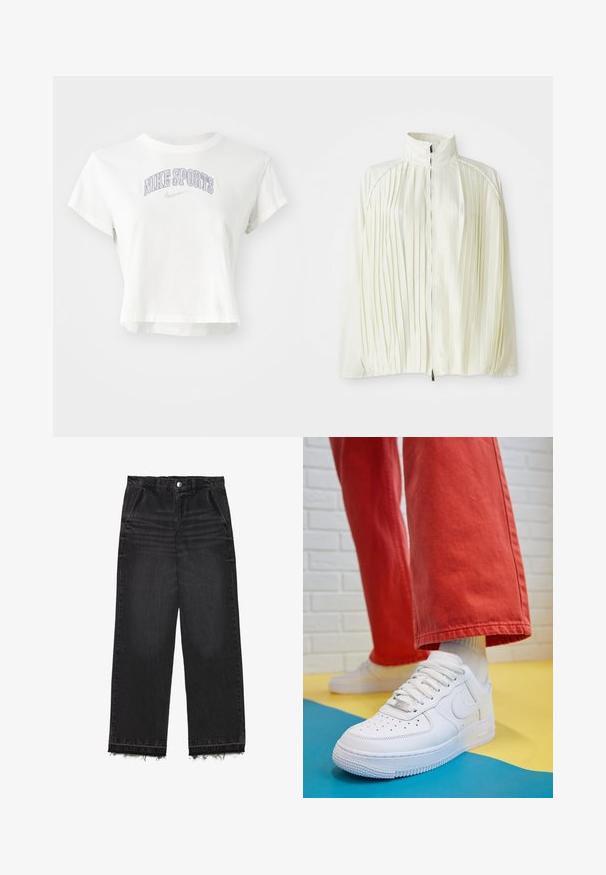 Bela plisirana jakna z visokim ovratnikom, zadrgo na sprednji strani in elastičnim robom. Izdelana iz lahkega, sijočega materiala.; Bela skrajšana majica iz bombaža, s poudarkom "NIKE SPORTS" v vijoličnem vezenju in majhnim logotipom Nike. Kratki rokavi in okrogli ovratnik.; Črne denimske hlače s ravnim krojem. Imajo visok pas, raztrgan rob in subtilno zbledelo teksturo po celotnem materialu. Vključen je tudi sprednji žep.; Beli usnjeni športni čevlji s perforiranim prstnim delom, teksturiranim podplatom in belimi vezalkami, v kombinaciji s širokimi rdečimi hlačami in modro-rumeno ozadje.