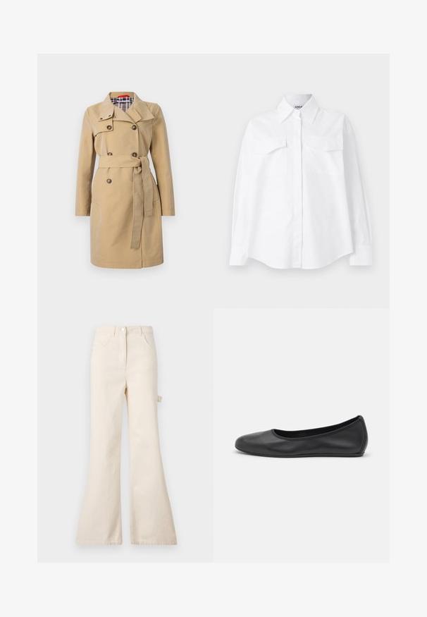 Palton bej cu guler, față cu două rânduri de nasturi, buzunare frontale și curea. Captusit cu un model în carouri în nuanțe de albastru și alb.; Cămașă albă cu mânecă lungă, cu guler clasic, două buzunare în față și o croială lejeră. Confecționată din bumbac, având o textură netedă.; Jeans bej cu mărire, din bumbac, cu talie înaltă, prevăzuți cu închidere pe bază de buton, cinci buzunare și un detaliu cu buclă pe lateral.; Balerini din piele neagră, cu vârf rotund, textură netedă, detalii de cusătură minimale și un design al tălpii flexibil.