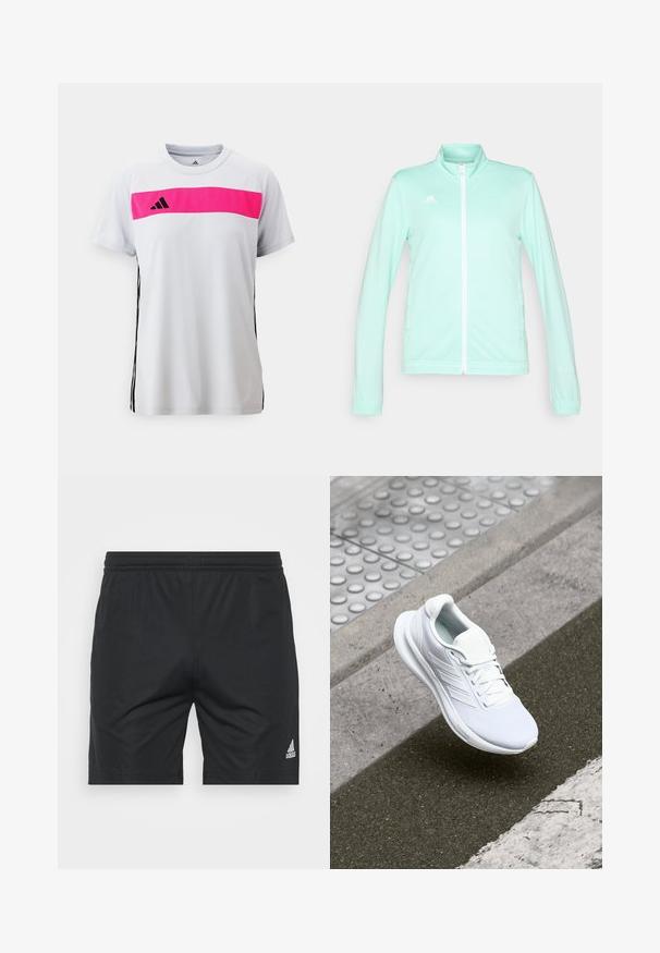 Heled roheline tõmblukuga sportlik jakk, millel on kõrgendatud krae, pikad varrukad ja valge tõmblukk. Paremas ülanurgas on Adidas'i logo.; Valge sportlik T-särk roosa horisontaalse triibuga rindkere kohal, must adidas'i logo ja mustad külgaktsentid. Lühikesed varrukad, ümmargune kaelus.; Mustad mustad spordilühikesed, mis on valmistatud siledast kangast, elastse vöökoha, sirge lõike ja alumises paremas nurgas hõbedase Adidas logo leidmisega.; Valge sportlik king, millel on pehme võrkkangast pealis, nööriga kinnitus ja tekstureeritud tallad. Õrnad brändimistooted ja sujuvad konstruktsioonid on nähtavad.