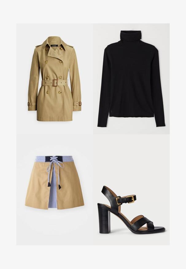 Kaki baloner s dvorednim kopčanjem, velikim gumbima, remenom u struku, patnicama na ramenima i dugim rukavima. Glatka tkanina.; Crna majica s visokim ovratnikom od rebrastog materijala. Dugi rukavi, uski dizajn i blago opuštena donja linija bez vidljivih uzoraka ili hardvera.; Bež suknja s plavim prugastim pojasom, s vezanjem sprijeda i crnim detaljima. Glatka tkanina, srednje dužine s krojem koji prati liniju tijela.; Crne kožne sandale s potpeticom s dizajnom s križanjem trakama i kopčanjem. Imaju debelu potpeticu i glatku teksturu.