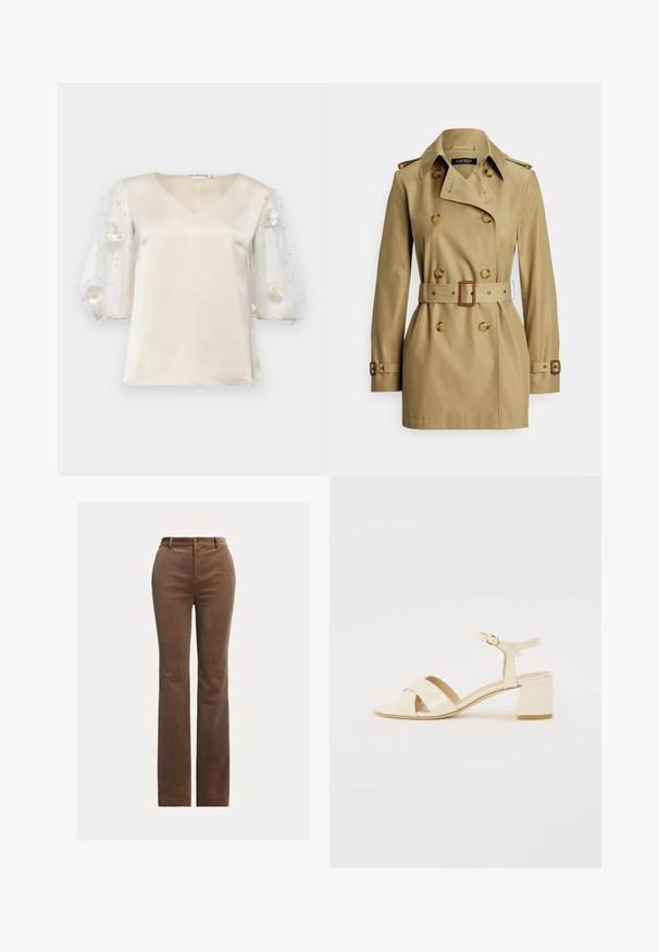 Kaki baloner s dvorednim kopčanjem, velikim gumbima, remenom u struku, patnicama na ramenima i dugim rukavima. Glatka tkanina.; Ida Sjöstedt EXCLUSIVE RHIANNON - Bluza - ivory; Smeđe kordura hlače ravnog kroja, s petljama za remen, prednjim džepovima i suptilnim vertikalnim rebrima za teksturu.; Bež sandale od lakirane kože na visokoj peti s dizajnom preklopnog remena, otvorenim prstima, podesivim remenom oko gležnja i blok petom. Glatka tekstura.