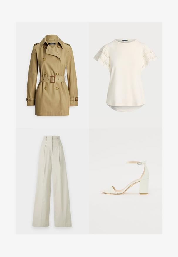 Khaki trench coat with double-breasted design, large buttons, belted waist, shoulder epaulets, and long sleeves. Smooth fabric texture.; Light cream short-sleeve top with lace detail on sleeves, round neckline, and a slightly curved hem for a relaxed fit. Soft fabric texture.; Beige wide-leg trousers made of smooth fabric, featuring a high waist with three horizontal bands, and front pleats.; White leather block-heel sandal featuring an ankle strap with a buckle and minimalist design. Open toe and smooth textures throughout.
