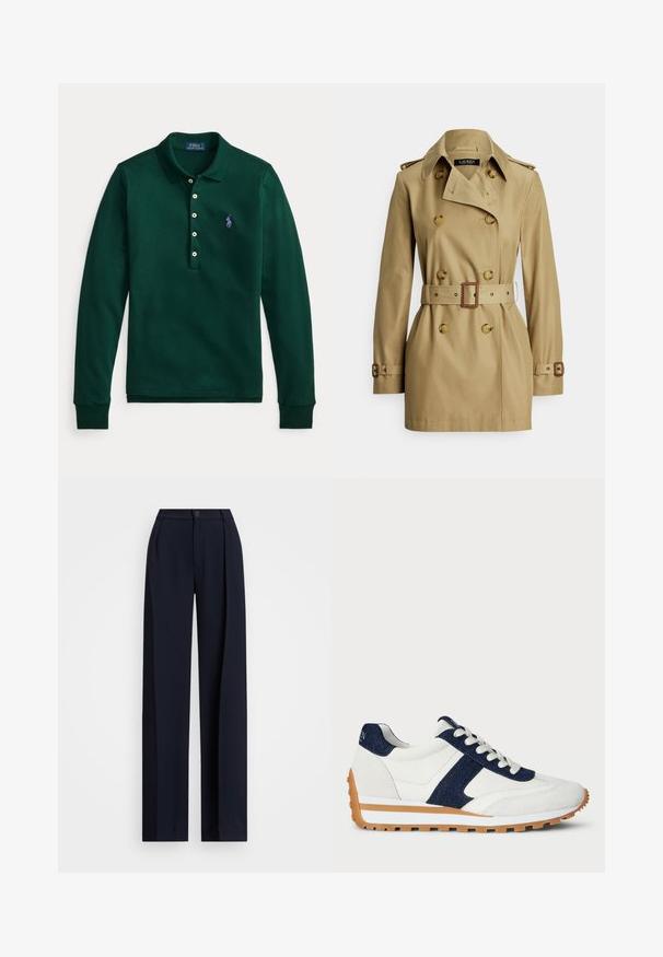 Khakifarget trenchcoat med dobbeltradet design, store knapper, belte i midjen, skulderklaffer og lange ermer. Glatt stoffstruktur.; Grønn langermet polotrøye laget av bomull. Har brettet krage, fem-knappers stolpe og lilla logo på venstre bryst.; Marinblå vide bukser med plissee, knaplukning og en glat tekstur. Designet for en løs og behagelig pasform.; Hvit sneaker med marineblå denim og semsket skinn detaljer. Den har en teksturert overdel, polstret krage, snøring foran og en kontrasterende gummisåle.