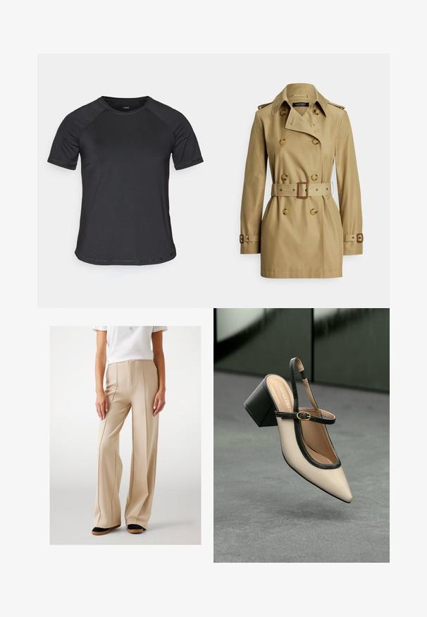Khaki trenchcoat met dubbele rij knopen, grote knopen, ceintuur in de taille, schouderepauletten en lange mouwen. Gladde stoftextuur.; Zwart sportshirt met korte mouwen en raglanmouwen, met een gladde textuur en een ronde halslijn. Beschikt over gestikte naden en een ontspannen pasvorm.; Beige wijde broek gemaakt van een gladde stof, met voorplooien en een hoge taille. Gekleed met zwarte en bruine platte schoenen.; Beige slingback pump met hoge hak, puntige neus, zwarte bies en gespsluiting. Glad materiaal met een matte afwerking, middelhoge blokhak.