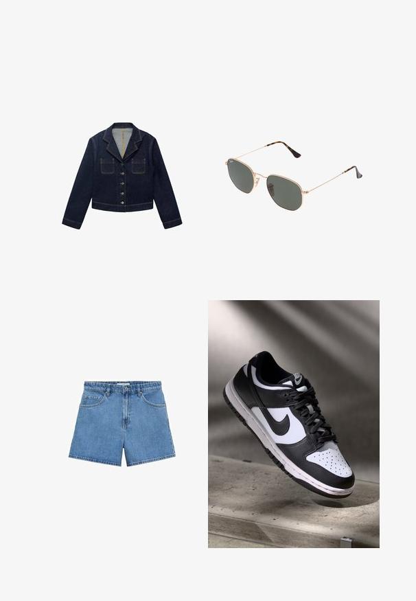 Giacca in denim blu scuro con colletto a scollatura, due tasche frontali e chiusura a bottoni. Presenta cuciture visibili e un design cropped.; T-shirt bianca a maniche corte realizzata in cotone morbido, con colletto rotondo e maniche raglan, caratterizzata da un taglio rilassato e dritto senza motivi.; Shorts in denim azzurro chiaro con vita alta, design a cinque tasche e chiusura con bottoni. Taglio dritto con orlo pulito.; Sneaker Nike Dunk Low in bianco e nero con tomaia in pelle, punta perforata e lacci neri, caratterizzata da una suola bianca e dettagli del logo.; Occhiali da sole con montatura in metallo dorato e lenti verde scuro, stile aviator, con aste sottili e dettagli in tartaruga sulle punte.; Borsa a tracolla in pelle nera trapuntata con apertura arricciata, tracolla in catena dorata e forma rettangolare, appoggiata su uno sfondo semplice.