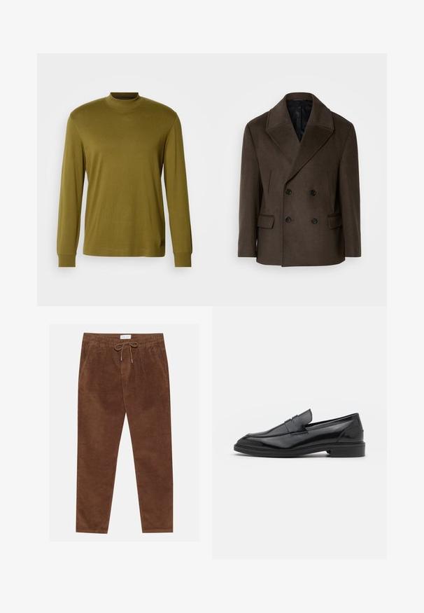 Brun peacoat i ullblanding. Dobbeltradet design med store svarte knapper, skrå lapel og to sidelommer. Glatt svart fôr.; Olivengrønn langermet genser med høy hals laget av myk stoff, med en tettsittende design og ribbet hals og mansjetter.; Pier One Bukse - brown; Sorte skinnloafers med en glatt overflate, med rund tå og en smal band over vristen. Lavt stablet hæl.