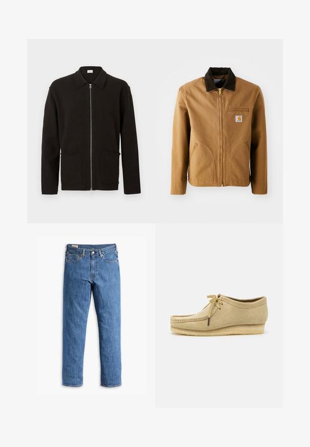 Braune Canvas-Jacke mit einem dunkelbraunen Cordkragen, Reißverschluss, Brusttasche und Seitentaschen. Verfügt über einen Logo-Patch auf der linken Seite.; Dunkelbraunes, zum Zuziehen gestaltetes Strickjacke mit zwei Vorderentaschen und einem Kragen, vor einem schlichten hellen Hintergrund präsentiert.; Weißes Baumwoll-T-Shirt mit kurzen Ärmeln, Rundhalsausschnitt und geradem Saum. Glatte Textur, minimalistisches Design ohne Muster oder Akzente.; Blaue Denim-Jeans mit geradem Bein, Kupferriegeln und Fünf-Taschen-Design. Verfügt über einen genähten Saum und einem klassischen Taillenbund mit Gürtelschlaufen.; Beige Wildlederschuh mit Schnürdesign, gestickten Details und Gummisohle. Die Form ist lässig mit einem leichten Keilabsatz.
