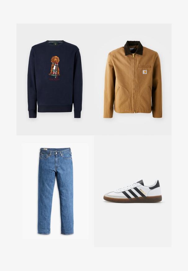 Smeđi platneni kaput s tamnosmešnim kadifastim ovratnikom, zatvaračem, džepom na prsima i bočnim džepovima. Na lijevoj strani ima oznaku s logotipom.; Morska dukserica s dugim rukavima na kojoj je smešten smešan crni pas sa karo šalom; ispod dizajna je tekst "Hackett" u crvenoj boji. Mekani pamuk.; Bijela pamučna majica s kratkim rukavima, okruglim izrezom i ravnim rubom. Glatka tekstura, minimalistički dizajn bez uzorkâ ili akcenta.; Plave traperice s ravnim krojem, bakrenim zakovicama i dizajnom s pet džepova. Imaju šivenu obrubu i klasičnu struk s petljama za remen.; Bijele kožne tenisice s crnim suedinim akcentima, tri crne pruge, bež gumeni potplat i zlatni "SPEZIAL" brend na boku.