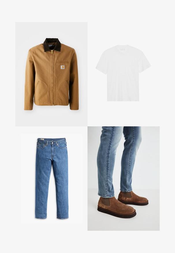 Smeđi platneni kaput s tamnosmešnim kadifastim ovratnikom, zatvaračem, džepom na prsima i bočnim džepovima. Na lijevoj strani ima oznaku s logotipom.; Bijela pamučna majica s kratkim rukavima, okruglim izrezom i ravnim rubom. Glatka tekstura, minimalistički dizajn bez uzorkâ ili akcenta.; Plave traperice s ravnim krojem, bakrenim zakovicama i dizajnom s pet džepova. Imaju šivenu obrubu i klasičnu struk s petljama za remen.; Smeđe mokasine od suđene kože do gležnjeva s rastezljivim bočnim panelima, debele crne gumene potplate, uparene s svijetloplavim uskim trapericama.
