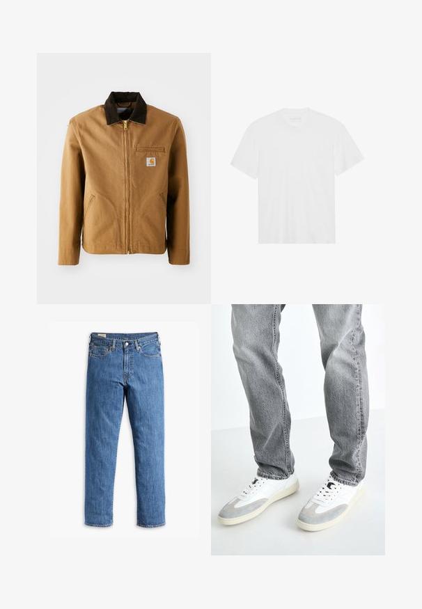 Smeđi platneni kaput s tamnosmešnim kadifastim ovratnikom, zatvaračem, džepom na prsima i bočnim džepovima. Na lijevoj strani ima oznaku s logotipom.; Bijela pamučna majica s kratkim rukavima, okruglim izrezom i ravnim rubom. Glatka tekstura, minimalistički dizajn bez uzorkâ ili akcenta.; Plave traperice s ravnim krojem, bakrenim zakovicama i dizajnom s pet džepova. Imaju šivenu obrubu i klasičnu struk s petljama za remen.; Bijele tenisice s sivim suede akcentima, vezanje na vezice i teksturirana potplata, uparene sa sivim trapericama opuštenog kroja.