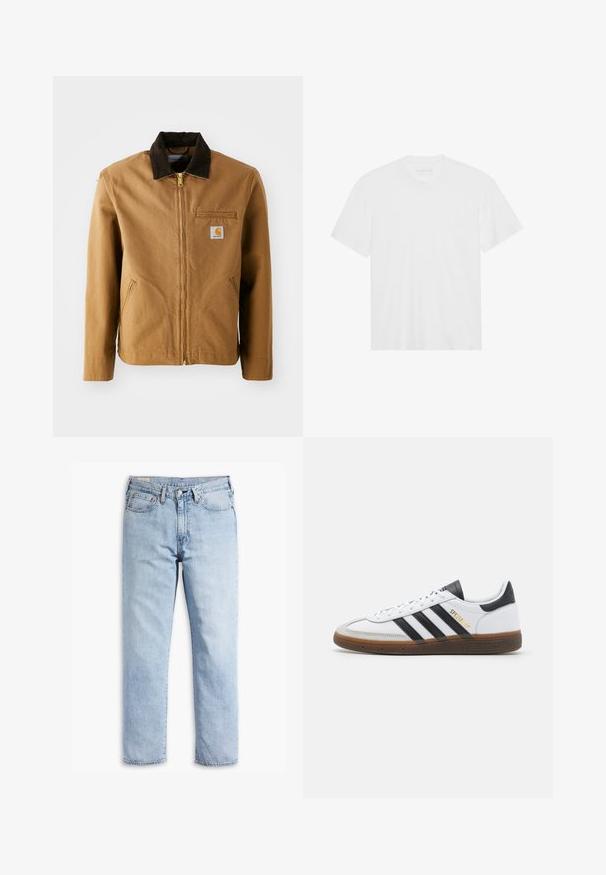Brown canvas jacket with a dark brown corduroy collar, zip closure, chest pocket, and side pockets. Features a logo patch on the left.; White cotton t-shirt with short sleeves, crew neckline, and straight hem. Smooth texture, minimalistic design without patterns or accents.; Light blue denim jeans with a straight leg design, five-pocket style, and sturdy stitching detailing. Features a zipper fly and metal button.; White leather sneaker with black suede accents, three black stripes, beige rubber sole, and gold "SPEZIAL" branding on the side.
