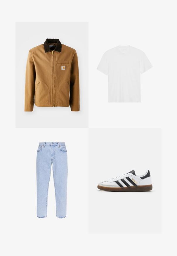 Ruda drobės striukė su tamsiai rudą velveto apykakle, užtrauktuko uždarymu, krūtine kišene ir šoninėmis kišenėmis. Kairėje pusėje yra logotipo pleistras.; Balta medvilninė marškinė su trumpomis rankovėmis, apvaliu kaklu ir tiesiu apvadu. Lygus paviršius, minimalistiškas dizainas be raštų ar akcentų.; Levi's® STAY LOOSE TAPER CROP - Laisvo kirpimo džinsai - royal stonewash; Balti odiniai sportiniai bateliai su juodais zomšos akcentais, trimis juodomis juostelėmis, smėlio spalvos guminiu padu ir auksiniu "SPEZIAL" ženklu šone.