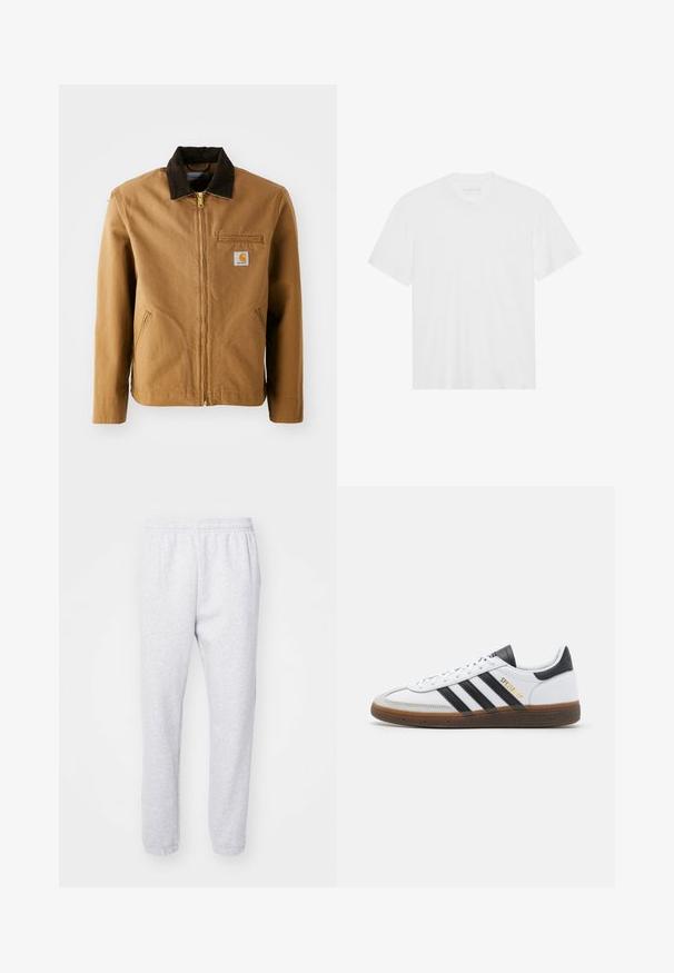 Brązowa kurtka z płótna z ciemno-brązowym kołnierzem z korduroju, z zapięciem na zamek błyskawiczny, kieszenią na piersi i bocznymi kieszeniami. Zawiera naszywkę z logo po lewej stronie.; Biała bawełniana koszulka z krótkim rękawem, okrągłym dekoltem i prostym dołem. Gładka faktura, minimalistyczny design bez wzorów i akcentów.; Jasnoszare dresy z miękkiej mieszanki bawełny, z elastycznym paskiem w talii i dopasowanymi mankietami przy kostkach. Brak widocznych wzorów lub logo.; Białe skórzane sneakersy z czarnymi zamszowymi akcentami, trzema czarnymi paskami, beżową gumową podeszwą i złotym logo "SPEZIAL" na boku.