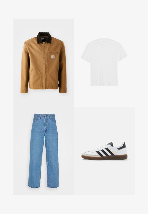 Casaco de lona castanho com colarinho de veludo cotelê castanho-escuro, fecho de zip, bolso no peito e bolsos laterais. Apresenta um emblema no lado esquerdo.; T-shirt de algodão branco com mangas curtas, decote redondo e bainha reta. Textura suave, design minimalista sem padrões ou detalhes.; Jeans de denim azul claro com uma cintura alta e um corte largo. Inclui cinco bolsos, fecho com botão de metal e bainha reta.; Sapatilha branca em pele com detalhes em camurça preta, três riscas pretas, sola de borracha bege e marcação em dourado "SPEZIAL" na lateral.