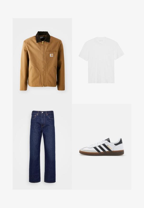 Smeđi platneni kaput s tamnosmešnim kadifastim ovratnikom, zatvaračem, džepom na prsima i bočnim džepovima. Na lijevoj strani ima oznaku s logotipom.; Bijela pamučna majica s kratkim rukavima, okruglim izrezom i ravnim rubom. Glatka tekstura, minimalistički dizajn bez uzorkâ ili akcenta.; Tamno plavi traperici s ravnim nogavicama, pet džepova i bakrenim zakovicama. Tekstura tkanine je glatka i blago teksturirana.; Bijele kožne tenisice s crnim suedinim akcentima, tri crne pruge, bež gumeni potplat i zlatni "SPEZIAL" brend na boku.