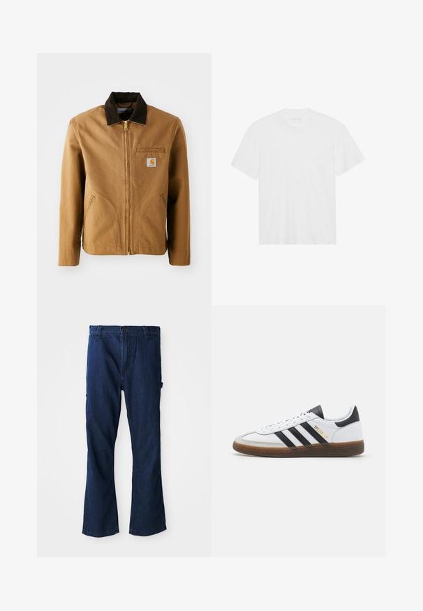 Veste en toile marron avec un col en velours côtelé marron foncé, fermeture éclair, poche poitrine et poches latérales. Présente un patch logo sur la gauche.; T-shirt en coton blanc à manches courtes, col rond et ourlet droit. Texture lisse, design minimaliste sans motifs ni accents.; Jean en denim bleu avec une coupe droite, fermeture à bouton et deux poches latérales, légèrement décolorés.; Baskets en cuir blanc avec des accents en daim noir, trois rayures noires, semelle en caoutchouc beige et marque "SPEZIAL" en doré sur le côté.