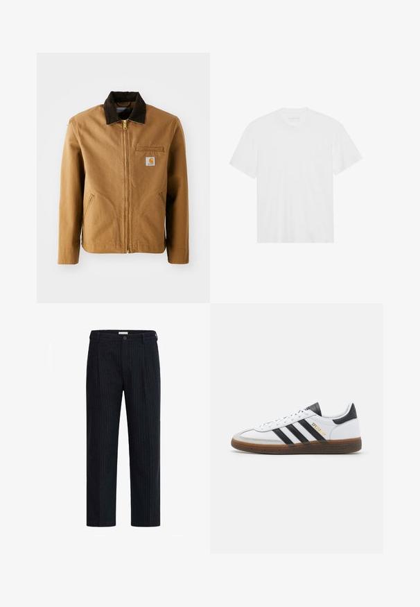 Brown canvas jacket with a dark brown corduroy collar, zip closure, chest pocket, and side pockets. Features a logo patch on the left.; White cotton t-shirt with short sleeves, crew neckline, and straight hem. Smooth texture, minimalistic design without patterns or accents.; Dark pinstriped trousers featuring a straight-leg design, button closure, and tailored pleats, made from a textured fabric.; White leather sneaker with black suede accents, three black stripes, beige rubber sole, and gold "SPEZIAL" branding on the side.