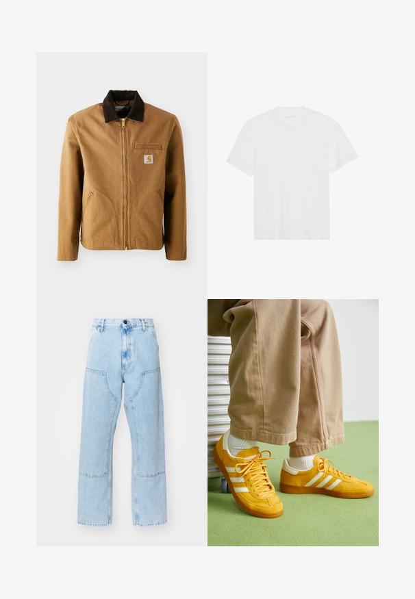 Barna vászonkabát sötétbarna kordbársony gallérral, cipzáras záródással, mellzsebbel és oldalsó zsebekkel. Az előoldalán egy logó folt található bal oldalon.; Fehér pamut póló rövid ujjakkal, kerek nyakkivágással és egyenes aljjal. Sima textúra, minimalista dizájn minta vagy díszítés nélkül.; Világoskék, egyenes szárú farmernadrág nagy elülső zsebekkel és kontrasztos varrással. Az anyag elhalványult, puha tapintású.; Sárga velúr sportcipő fehér csíkokkal, gumitalppal, szövetfűzőkkel és párnázott nyakkal, bézs pamut nadrággal párosítva.