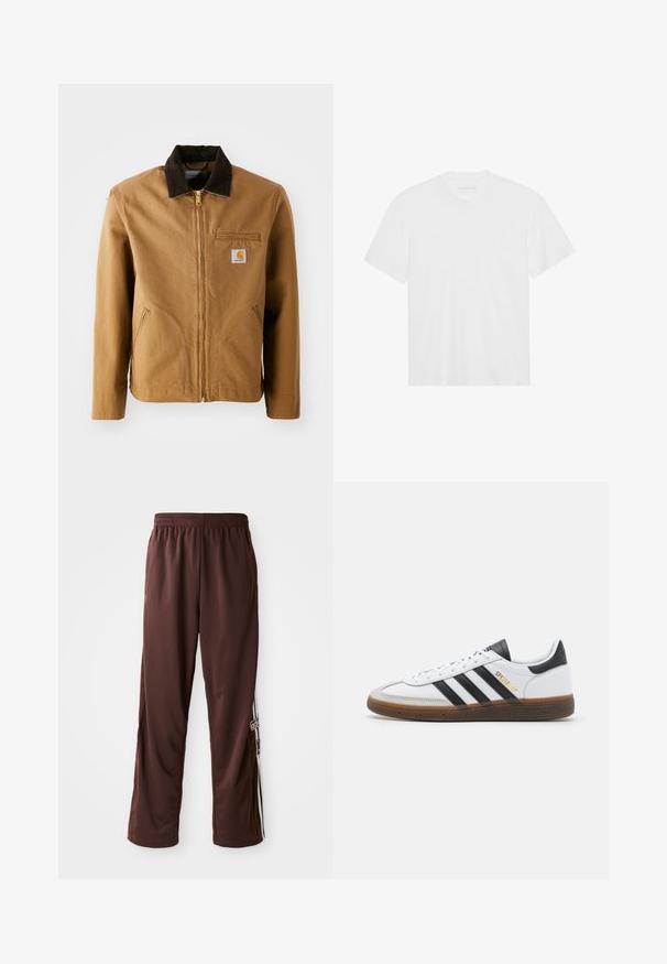 Brun lerretjakke med en mørkebrun cordfløyelskrage, glidelås, brystlomme og sidelommer. Har en logo-patch på venstre side.; Hvit bomulls t-skjorte med korte ermer, rund hals og rett nederkant. Glatt tekstur, minimalistisk design uten mønstre eller detaljer.; Brune Adidas joggebukser med elastisk midje og hvite sidestriper som har Adidas-logo og tekst på venstre ben.; Hvit lær sneaker med svarte semsket detaljer, tre svarte striper, beige gummisåle og gull "SPEZIAL" merkingen på siden.