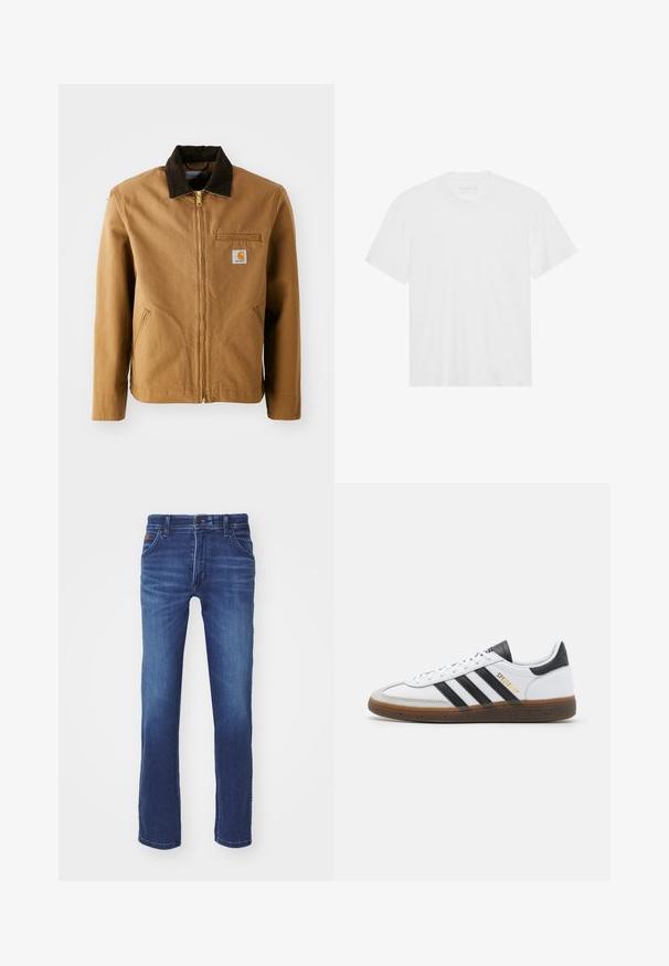 Pruun kangast jope tumepruunist kõrvitsapaelast krae, lukuga sulgemine, rinnatasku ja küljetaskud. Vasakul on logo kinnitus.; Valge puuvillane T-särk lühikeste varrukatega, klassikalise ümarika kaelusega ja sirge allääriga. Sile tekstuur, minimalistlik disain, ilma mustrite või accsentideta.; Tumedat sinised teksad sirge säärte disainiga, millel on esimesed taskud, nupuga sulgemine ja kerged plekked põlvede juures.; Valge nahast toss mustade sametdetailidega, kolm musta triipu, beež kummist talla ja kuldse "SPEZIAL" brändinguga küljel.