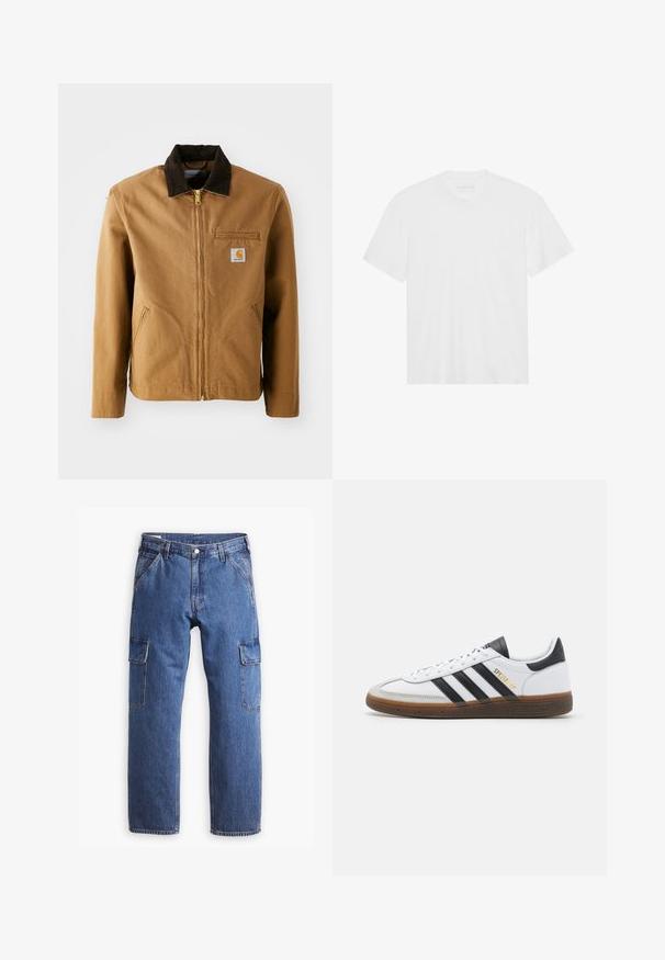 Brown canvas jacket with a dark brown corduroy collar, zip closure, chest pocket, and side pockets. Features a logo patch on the left.; White cotton t-shirt with short sleeves, crew neckline, and straight hem. Smooth texture, minimalistic design without patterns or accents.; Blue denim cargo pants with a straight-leg design, two side pockets, and visible stitching details. Overall, casual and functional style.; White leather sneaker with black suede accents, three black stripes, beige rubber sole, and gold "SPEZIAL" branding on the side.