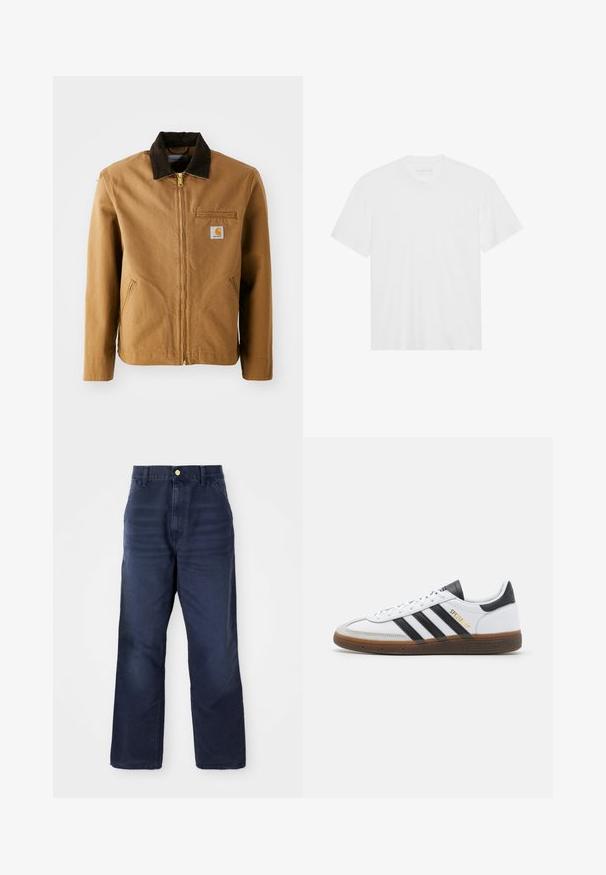 Braune Canvas-Jacke mit einem dunkelbraunen Cordkragen, Reißverschluss, Brusttasche und Seitentaschen. Verfügt über einen Logo-Patch auf der linken Seite.; Weißes Baumwoll-T-Shirt mit kurzen Ärmeln, Rundhalsausschnitt und geradem Saum. Glatte Textur, minimalistisches Design ohne Muster oder Akzente.; Dunkelblaue Denim-Hosen mit geradem Bein, ausgestattet mit einem vorderen Knopfverschluss, Gürtelschlaufen und ohne sichtbare Muster oder Akzente.; Weiße Leder-Sneaker mit schwarzen Wildlederakzenten, drei schwarzen Streifen, beigefarbener Gummisohle und goldener "SPEZIAL"-Branding an der Seite.