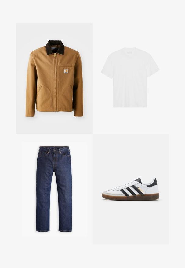 Ruskea kangastakki, jossa on tumma ruskea samettikaulus, vetoketju, rintatasku ja sivutaskut. Vasemmalla puolella on logo-painatus.; Valkoinen puuvillainen t-paita lyhyillä hihoilla, pyöreällä kaula-aukolla ja suoralla helmalla. Tasainen pinta, minimalistiinen muotoilu ilman kuvioita tai korostuksia.; Tummansiniset suorat farkut, joissa on etunappi, vetoketjuhäntä, viisi taskua ja kupariset niittiyksityiskohdat.; Valkoiset nahkakengät mustilla mokkanahka yksityiskohdilla, kolme mustaa raitaa, beige kumipohja ja kultainen "SPEZIAL" -brändäys sivussa.