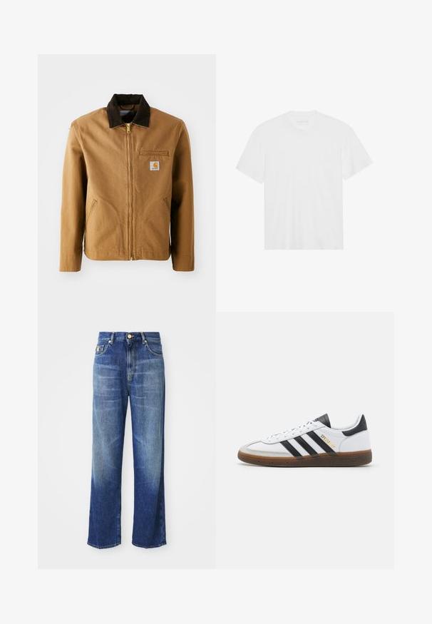 Rjava platnena jakna s temno rjavim žametnim ovratnikom, zadrgo, žepom na prsih in stranskimi žepi. Na levi strani ima logotip.; Bela bombažna majica s kratkimi rokavi, krožnim izrezom in ravnim robom. Gladka tekstura, minimalistična zasnova brez vzorcev ali okrasov.; Visoko pasu ravne modre kavbojke z rahlim zbledelostjo in zlatim gumbom za zapiranje, prikazane na beli podlagi.; beli usnjeni športni copat z črnimi semišo detajli, tremi črnimi črtami, bež gumijastim podplatom in zlatim logotipom "SPEZIAL" na strani.