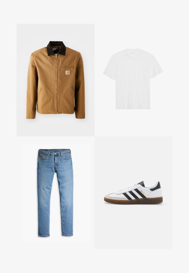 Casaco de lona castanho com colarinho de veludo cotelê castanho-escuro, fecho de zip, bolso no peito e bolsos laterais. Apresenta um emblema no lado esquerdo.; T-shirt de algodão branco com mangas curtas, decote redondo e bainha reta. Textura suave, design minimalista sem padrões ou detalhes.; Calças de ganga azul claro com um design de perna reta, cinco bolsos, costura visível e fecho por botão na cintura.; Sapatilha branca em pele com detalhes em camurça preta, três riscas pretas, sola de borracha bege e marcação em dourado "SPEZIAL" na lateral.