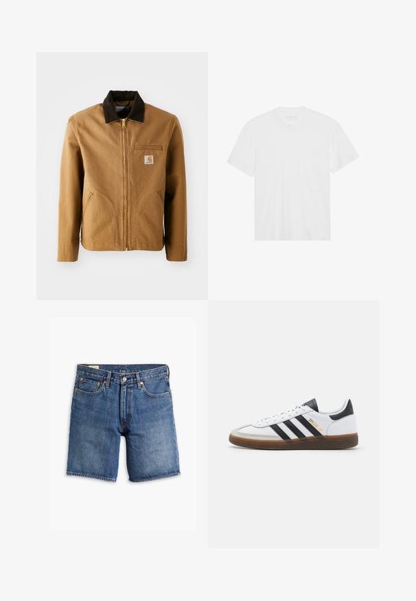 Bruine canvas jas met een donkerbruine corduroy kraag, ritssluiting, borstzak en zijzakken. Bevat een logo patch aan de linkerkant.; Witte katoenen t-shirt met korte mouwen, ronde hals en rechte zoom. Gladde textuur, minimalistisch ontwerp zonder patrons of accenten.; Denim shorts in een middelblauwe wassing met een klassiek ontwerp. Beschikt over vijf zakken, riemlussen en koperkleurige bevestigingen. Verweerd textuur overal.; Witte leren sneaker met zwarte suède accenten, drie zwarte strepen, beige rubberen zool en gouden "SPEZIAL" branding aan de zijkant.