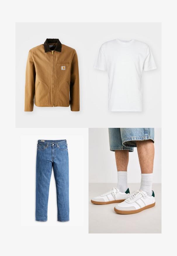 Barna vászonkabát sötétbarna kordbársony gallérral, cipzáras záródással, mellzsebbel és oldalsó zsebekkel. Az előoldalán egy logó folt található bal oldalon.; Fehér pamut póló rövid ujjakkal, kerek nyakkivágással és sima textúrával. Egyszerű dizájn, minták vagy grafikák nélkül.; Kék farmernadrág, egyenes lábcut-tal, réz szegecsekkel és öt zsebbel. A nadrág szegélye varrott, klasszikus derékrésszel és övhurkokkal rendelkezik.; Fehér sportcipők zöld sarokbetétekkel, világosbarna gumitalppal és világosszürke oldalsávokkal. Fehér bordázott zoknival és farmer sorttal viselve.