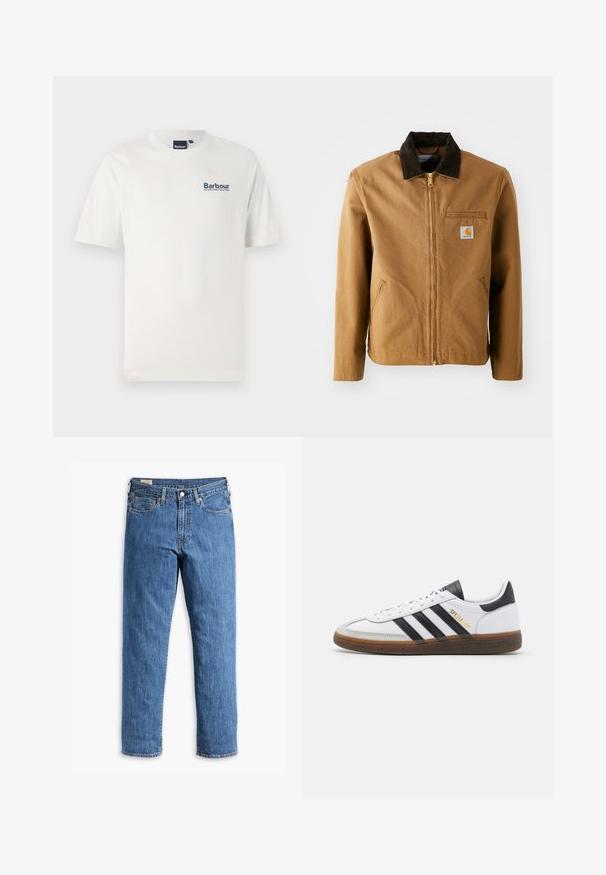 Hnědá plátěná bunda s tmavě hnědým kordovým límcem, zipem, náprsní kapsou a bočními kapsami. Obsahuje nášivku s logem na levé straně.; Bílá bavlněná tričko s krátkými rukávy, kulatým výstřihem a modrou vyšitou logem "Barbour" na levé hrudi. Měkká textura, standardní střih.; Modré džínové kalhoty s rovně střiženými nohavicemi, měděnými nýty a designem s pěti kapsami. Funkce zahrnují šitý lem a klasický pas s poutky na opasek.; Bílé kožené tenisky s černými semišovými akcenty, třemi černými pruhy, béžovou gumovou podrážkou a zlatým označením "SPEZIAL" na boku.