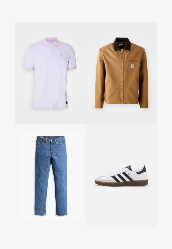 Bruine canvas jas met een donkerbruine corduroy kraag, ritssluiting, borstzak en zijzakken. Bevat een logo patch aan de linkerkant.; Lichtpaarse polo met een effen kleur, contrasterende lichtroze kraag en mouwomslagen, en een klein geborduurd logo op de borst.; Blauwe denim spijkerbroek met een recht gesneden pijp, koperen klinknagels en een vijf-pocket ontwerp. Bevat een gestikte zoom en een klassieke tailleband met riemlussen.; Witte leren sneaker met zwarte suède accenten, drie zwarte strepen, beige rubberen zool en gouden "SPEZIAL" branding aan de zijkant.