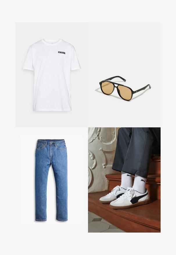 Hnědá plátěná bunda s tmavě hnědým kordovým límcem, zipem, náprsní kapsou a bočními kapsami. Obsahuje nášivku s logem na levé straně.; Bílý bavlněný tričko s krátkými rukávy, kulatým výstřihem a malou černobílou nášivkou na levé straně hrudi.; Modré džínové kalhoty s rovný střih, oblíbené pět kapes, s knoflíkovým zapínáním a oranžovými švy, na čistě bílém pozadí.; Puma tenisky v bílé a černé semišové úpravě, s hnědou gumovou podrážkou. Kombinované s bílými ponožkami, na kterých je černé logo, nošeny s tmavými kalhotami.; Černé sluneční brýle s hnědými tónovanými čočkami; obdélníkový tvar s tlustým rámem, včetně jemných kovových akcentů na stranách.; Pět stříbrných prstenů: jeden s černým kulatým detailem, jeden s bílým a černým geometrickým vzorem, a další s různými tvary a povrchy.