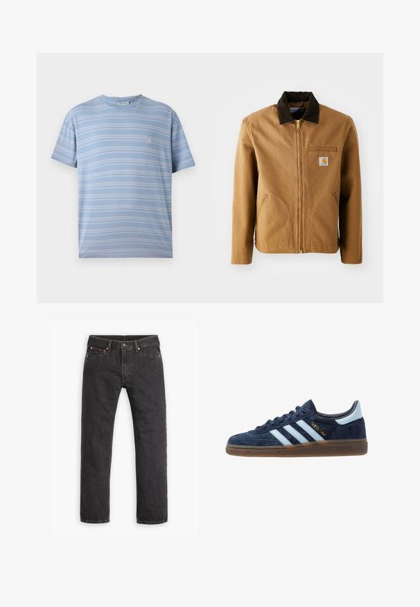 Brown canvas jacket with a dark brown corduroy collar, zip closure, chest pocket, and side pockets. Features a logo patch on the left.; Light blue striped t-shirt featuring horizontal white stripes, round neck, and a small pink logo on the left chest area. Soft cotton fabric.; Black straight-leg denim jeans with five pockets, button closure, and copper rivets laid flat on a white background.; Navy blue suede Adidas sneaker with light blue stripes, gum sole, light blue heel tab, and gold "Spezial" branding on the side.