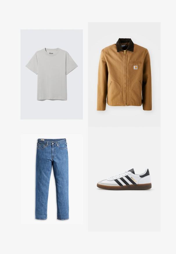 Ruskea kangastakki, jossa on tumma ruskea samettikaulus, vetoketju, rintatasku ja sivutaskut. Vasemmalla puolella on logo-painatus.; Vaaleanharmaa puuvillainen T-paita, jossa on pyöreä kaula-aukko ja lyhyet hihat. Ominaisuuksiin kuuluu minimalistinen muotoilu ja rento istuvuus. Ei kuvioita eikä koristeita.; Sininen denimpusero, jossa on suora lahje, kupariset niitit ja viitospussinen muotoilu. Sisältää ommellun helman ja klassisen vyötärön, jossa on vyölenkit.; Valkoiset nahkakengät mustilla mokkanahka yksityiskohdilla, kolme mustaa raitaa, beige kumipohja ja kultainen "SPEZIAL" -brändäys sivussa.