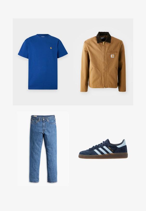 Chaqueta de lienzo marrón con un cuello de pana marrón oscuro, cierre de cremallera, bolsillo en el pecho y bolsillos laterales. Presenta un parche con el logo en la izquierda.; Camiseta de algodón azul con cuello redondo, mangas cortas y un pequeño logo dorado en el pecho. Textura suave y ajuste casual.; Jeans de mezclilla azul con corte recto, remaches de cobre y diseño de cinco bolsillos. Presenta un dobladillo cosido y una cintura clásica con pasadores para el cinturón.; Zapatilla Adidas de ante azul marino con rayas azul claro, suela de goma, tab de talón azul claro y el logo dorado "Spezial" en el lateral.
