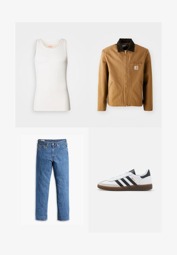 Giacca in canvas marrone con colletto in corduroy marrone scuro, chiusura con zip, taschino sul petto e tasche laterali. Presenta una toppa con logo a sinistra.; Top a coste bianco senza maniche con scollatura arrotondata e spalline larghe. Texture liscia e design aderente.; Jeans in denim blu con taglio dritto, rivetti in rame e design a cinque tasche. Presentano un orlo cucito e una vita classica con passanti per cintura.; Sneaker in pelle bianca con dettagli in suede neri, tre strisce nere, suola in gomma beige e branding dorato "SPEZIAL" di lato.