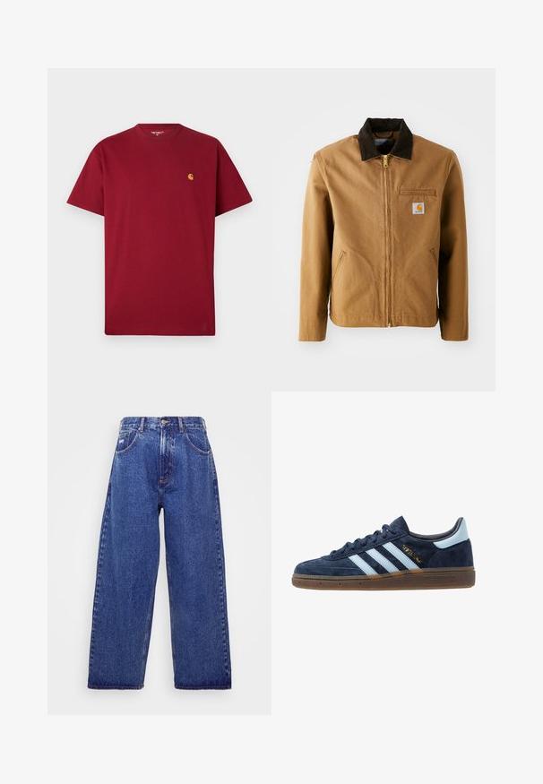 Bruine canvas jas met een donkerbruine corduroy kraag, ritssluiting, borstzak en zijzakken. Bevat een logo patch aan de linkerkant.; Rode katoenen T-shirt met een ronde hals, korte mouwen en een klein gouden logo op de linkerborst. Zachte textuur en recht gesneden ontwerp.; Wijd gesneden, blauwe denim jeans met een hoge taille, voorzien van vijf zakken, een knoopsluiting en subtiele vervaging voor textuur.; Marineblau suede Adidas sneaker met lichtblauwe strepen, gumzool, lichtblauw hielstuk en gouden "Spezial" branding aan de zijkant.